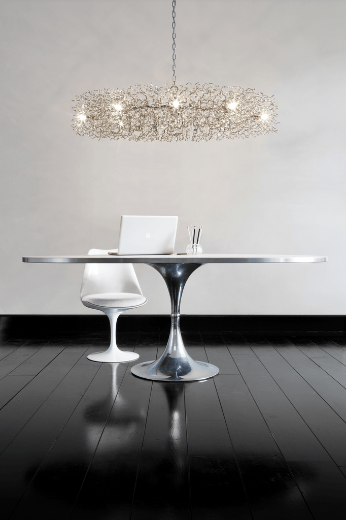 Hollywood Chandelier Oval with exposed bulbs and metallic wireframe design for modern elegance