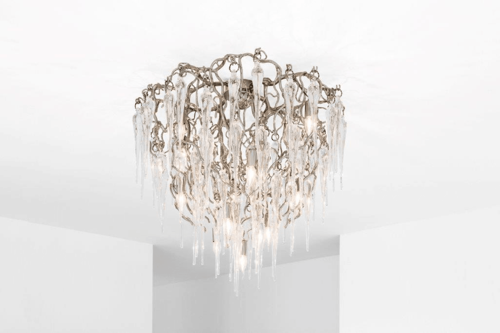 Elegant Hollywood Icicles Ceiling Lamp High with ornate metal and clear glass icicle drops