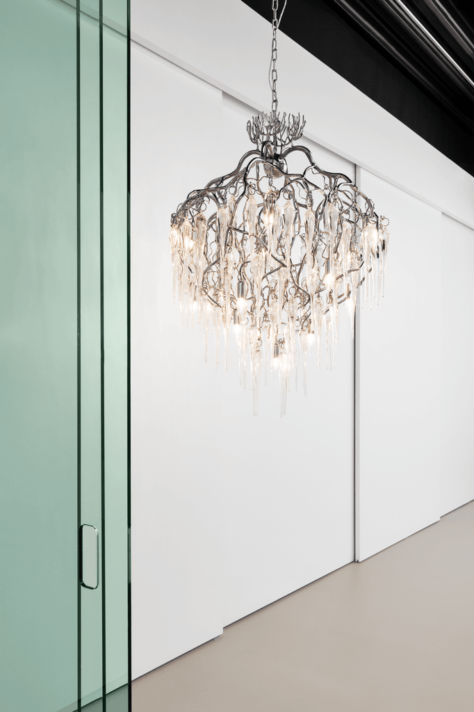 Hollywood Icicles Chandelier Conical with silver frame and clear glass icicles