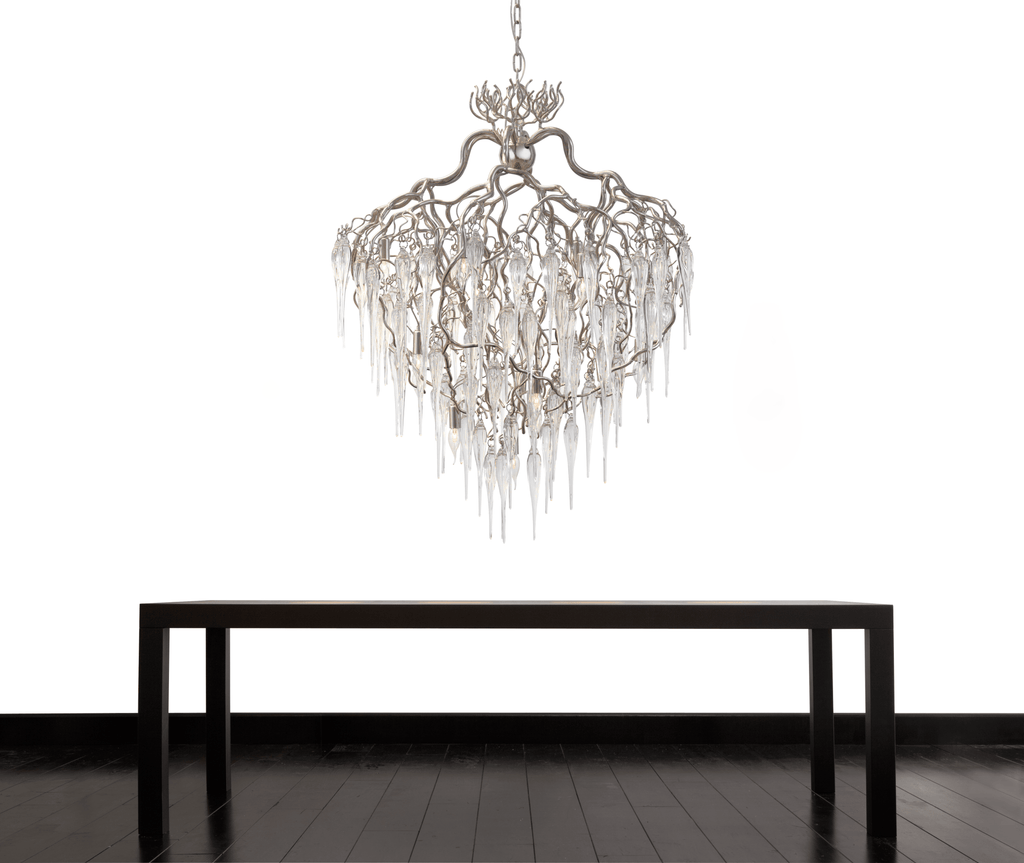 Hollywood Icicles Chandelier Conical with branching tree-like frame and clear glass icicle drops