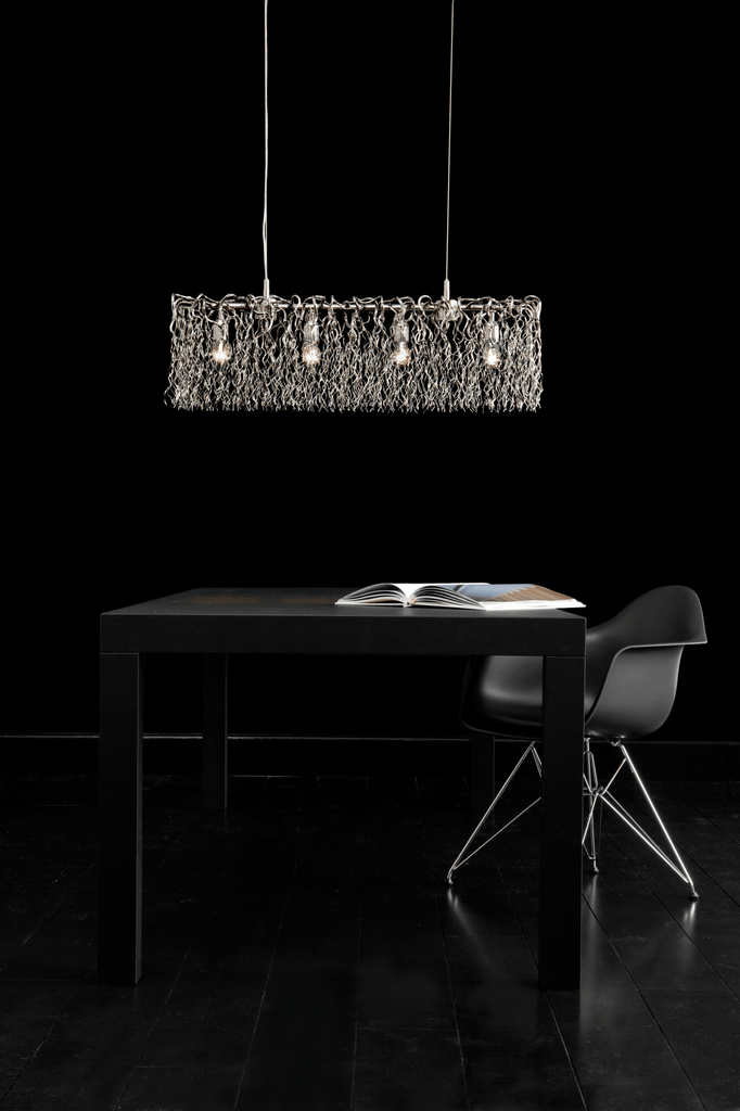 Hollywood Long Hanging lamp with modern rectangular design and textured cage shade