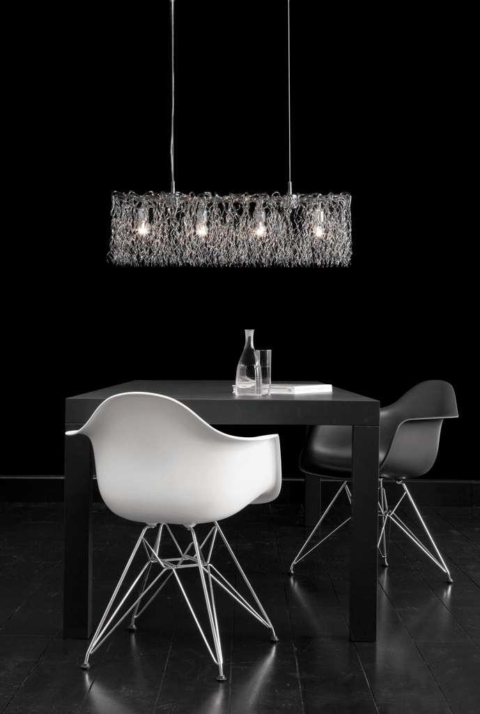 Rectangular metal mesh chandelier with four exposed bulbs, Hollywood Long Hanging Lamp