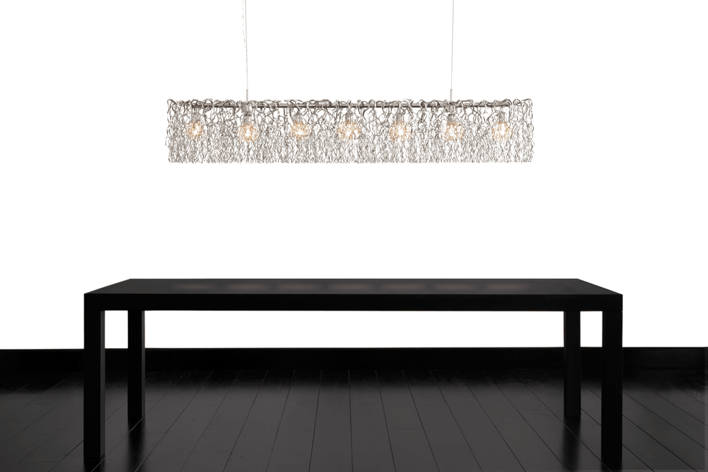 Hollywood Long Hanging chandelier over black dining table, elegant long hanging lamp