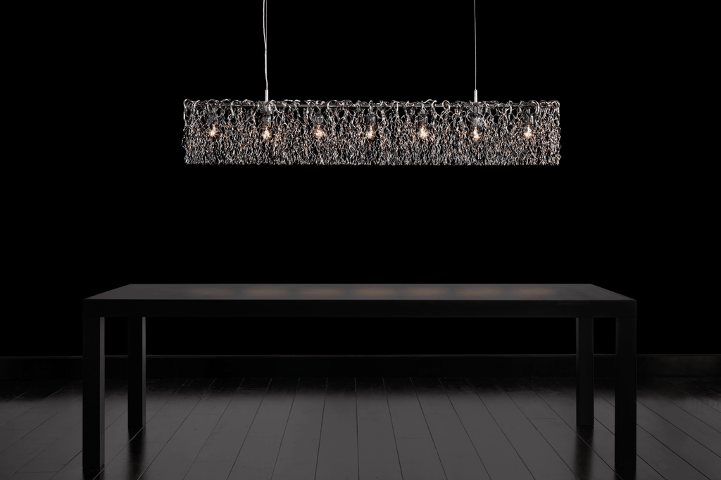 Hollywood Long Hanging lamp with rectangular textured metallic mesh shade and exposed bulbs