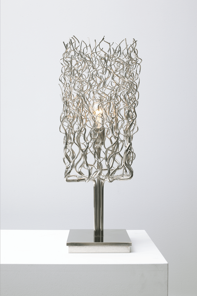 Hollywood Table Lamp with modern metallic silver rectangular mesh shade and square base