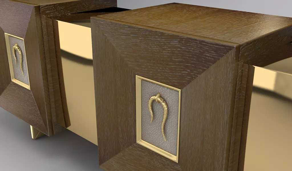 Open wooden boxes with golden interiors and ornate embellishments on Huddelston Sideboard