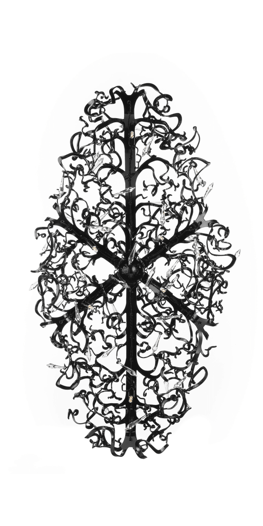 Icy Lady Chandelier Oval with ornate black metal design and clear light bulbs