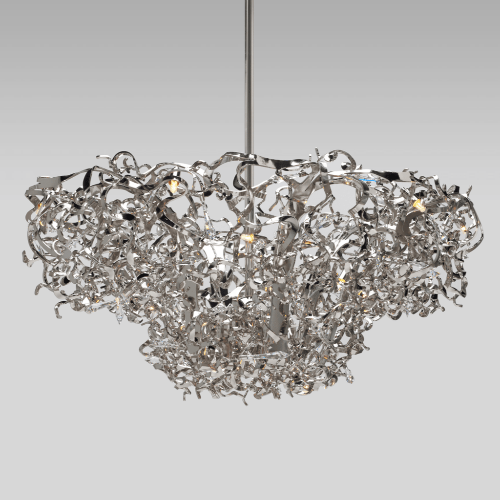 Icy Lady Chandelier Round Upside Down with modern silver-toned abstract intertwined metal design