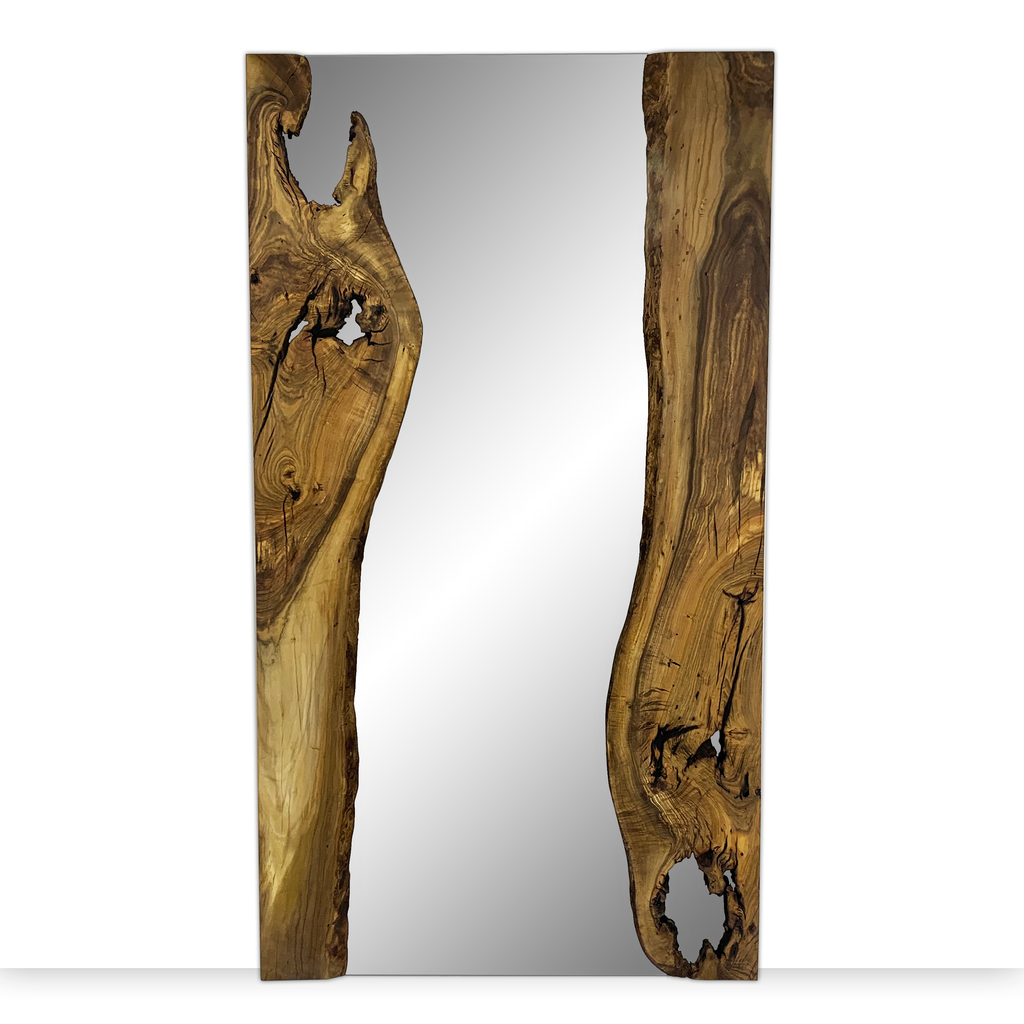 Isora Mirror with rectangular design and vertical live-edge wood slab frames