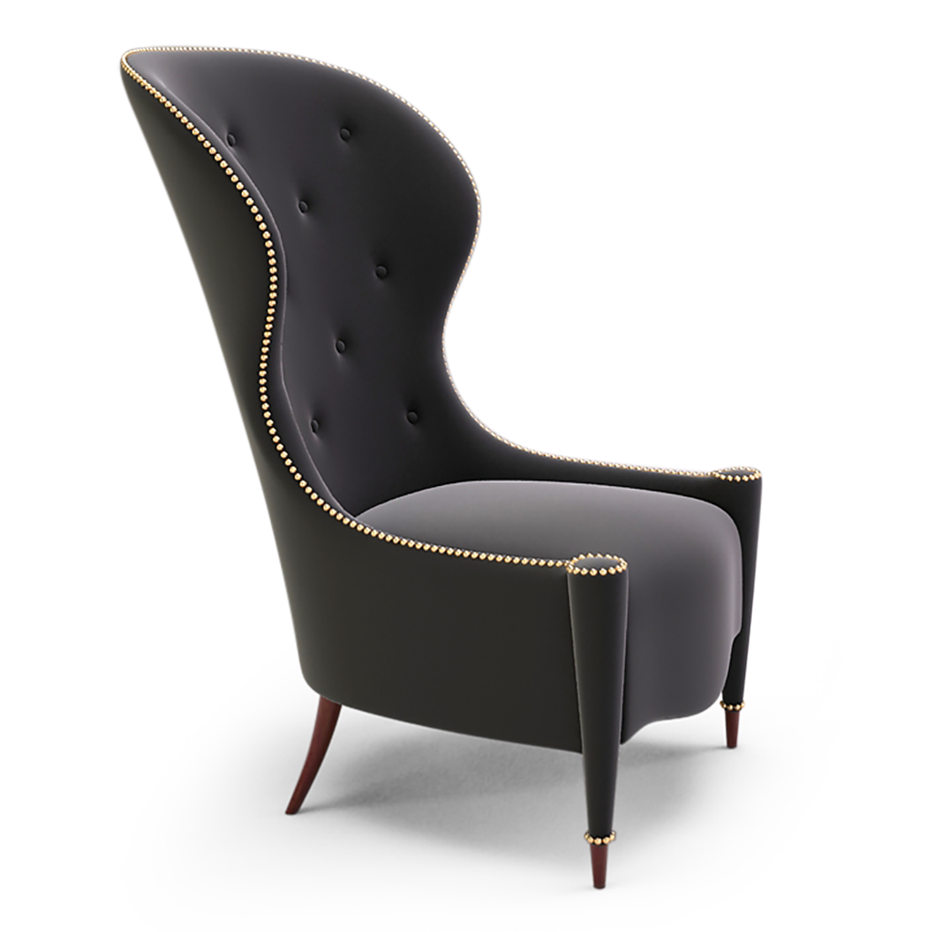 Juniper Chair black velvet wingback armchair with brass nailhead trim and dark wood legs