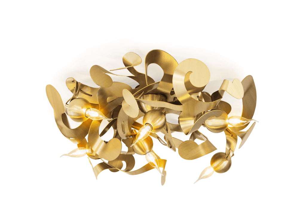 Modern brass Kelp Ceiling Lamp Round with abstract metal leaf designs and exposed bulbs