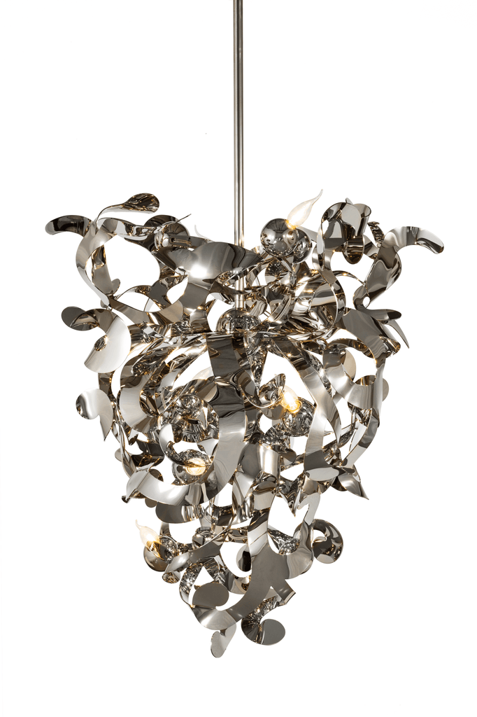 Kelp Chandelier Conical with reflective chrome curved metal pieces and visible bulbs