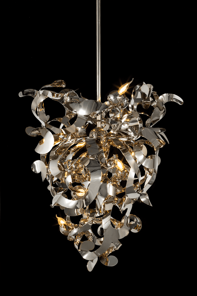 Kelp Chandelier Conical polished metal chandelier with abstract sculptural design and internal lights