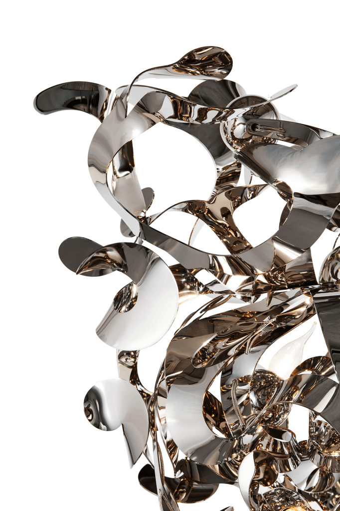 Kelp Chandelier Conical with polished metal ribbons, elegant modern chandelier conical design