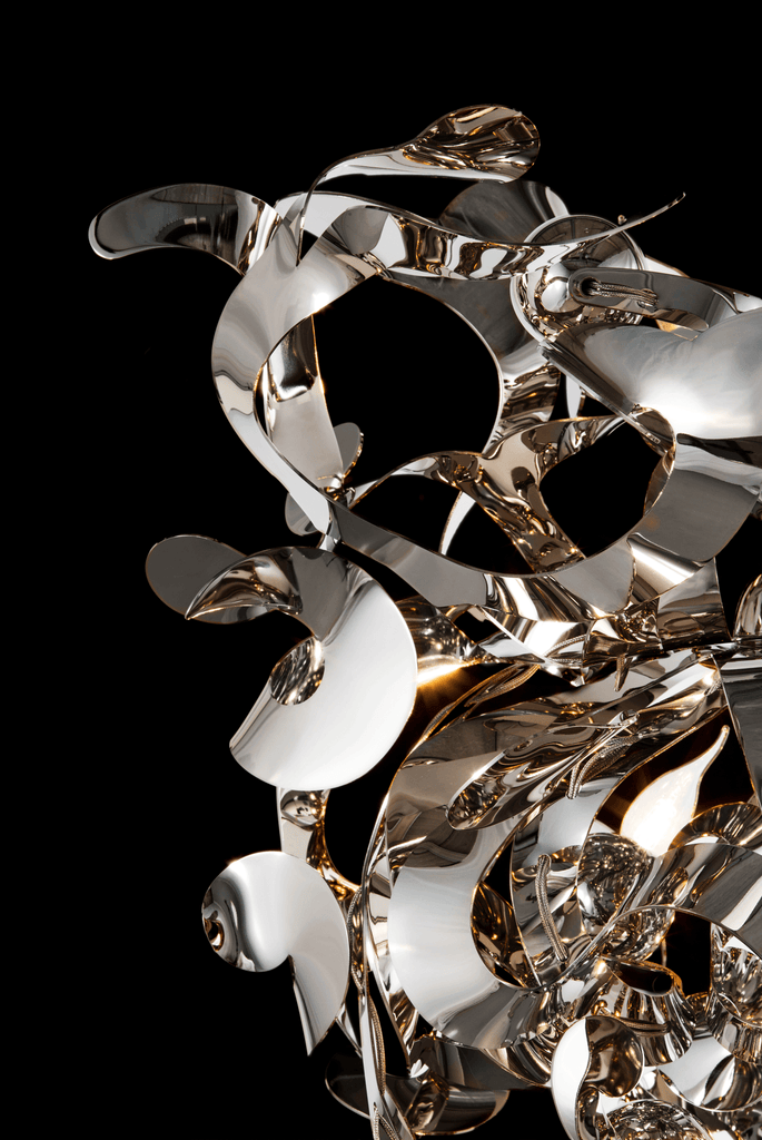Gleaming abstract metallic Kelp Chandelier Conical with flowing curvilinear forms