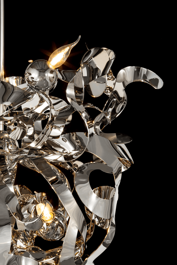 Kelp Chandelier Conical with modern sculptural metallic ribbon design and exposed bulbs