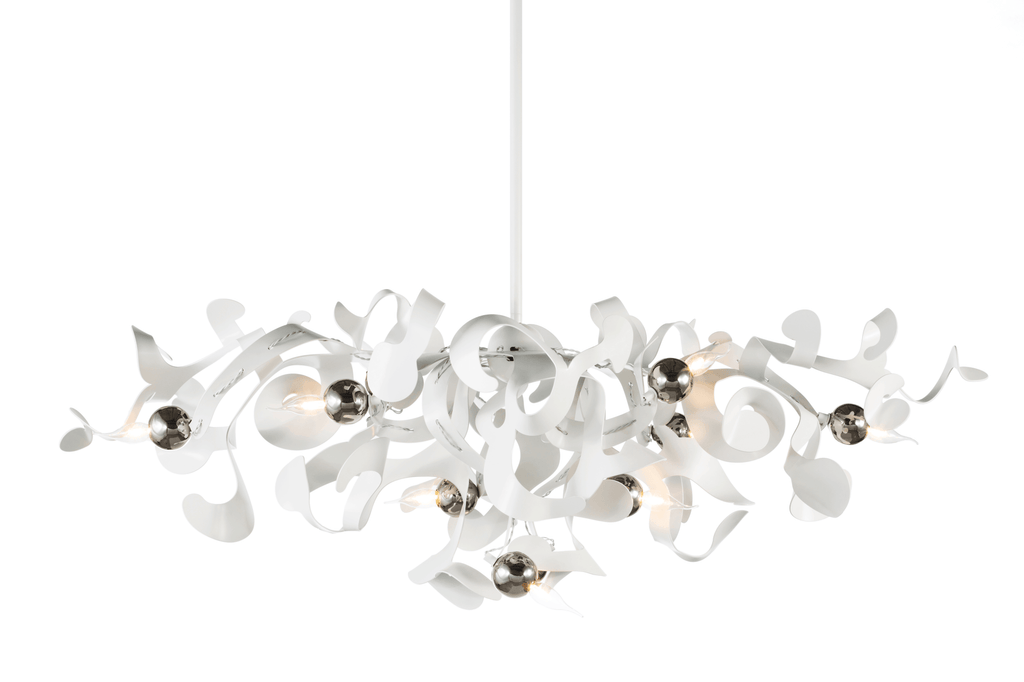 White modern Kelp Chandelier Oval with metallic sphere accents for elegant lighting