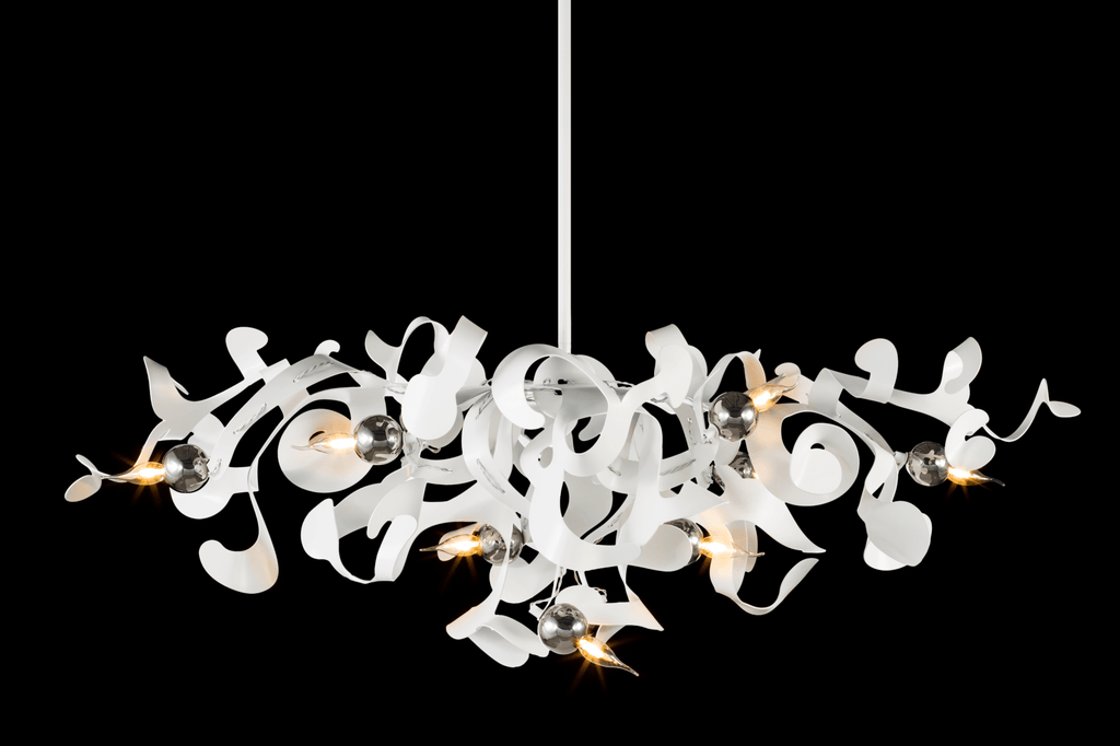 White modern Kelp Chandelier Oval with abstract flowing shapes and multiple light sources