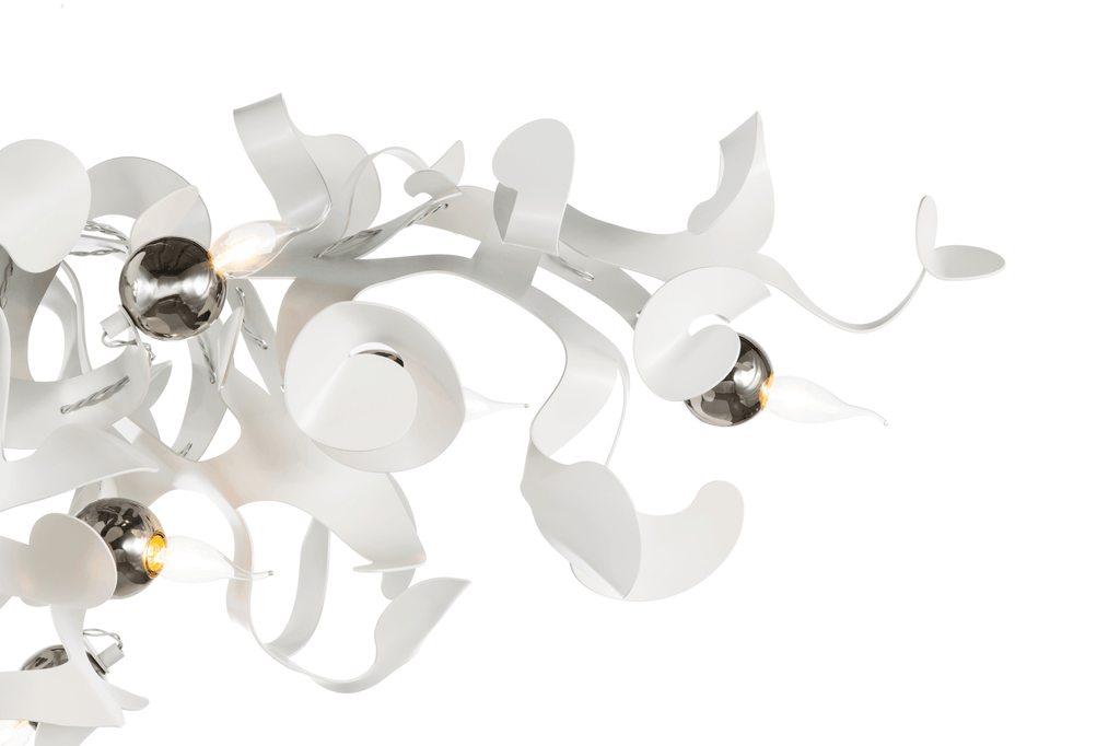 Kelp Chandelier Oval featuring a modern white sculptural design with polished metallic spheres