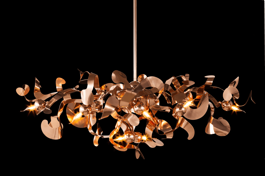 Kelp Chandelier Oval with rose gold metallic leaf-like abstract forms and visible lights