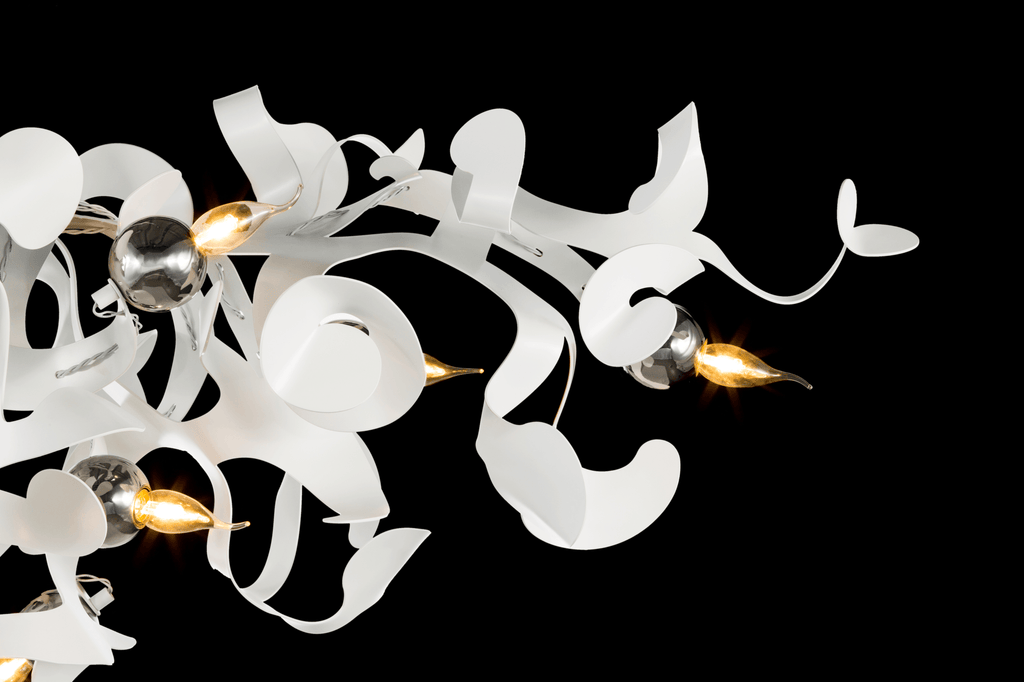 Kelp Chandelier Oval with swirling ribbon arms and flame-shaped bulbs for modern decor
