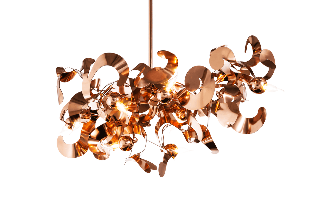 Kelp Chandelier Oval featuring polished copper-toned metal elements and exposed bulbs