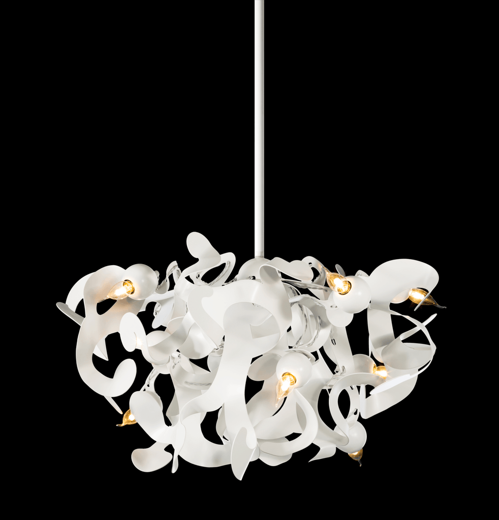 White contemporary Kelp Chandelier Round with organic swirling shapes and exposed bulbs