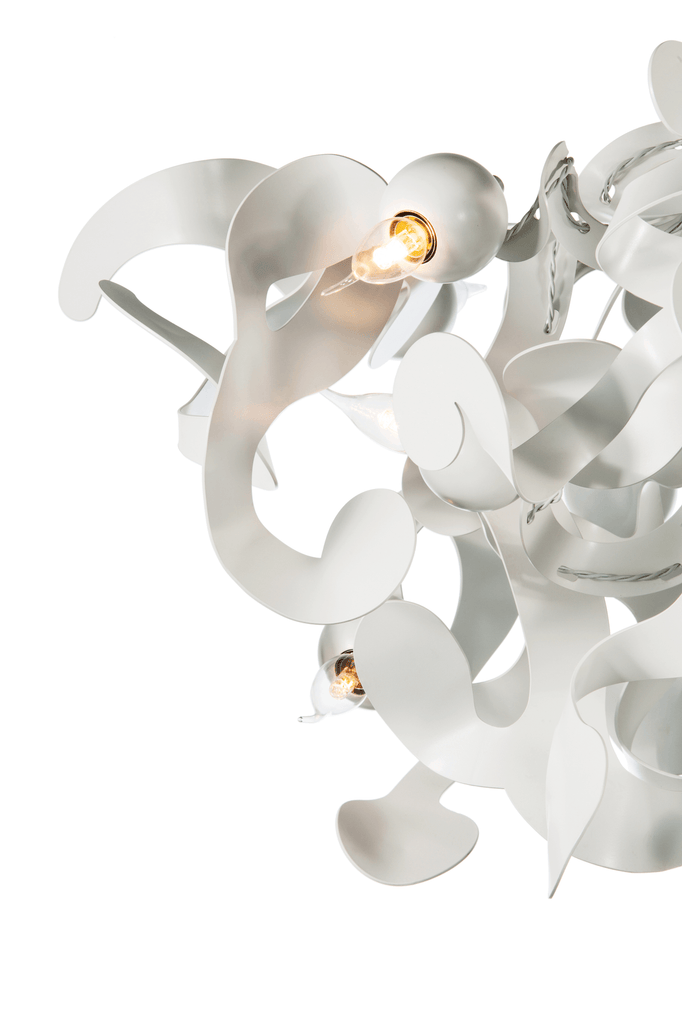 Modern white Kelp Chandelier Round with organic swirling shapes and exposed bulbs