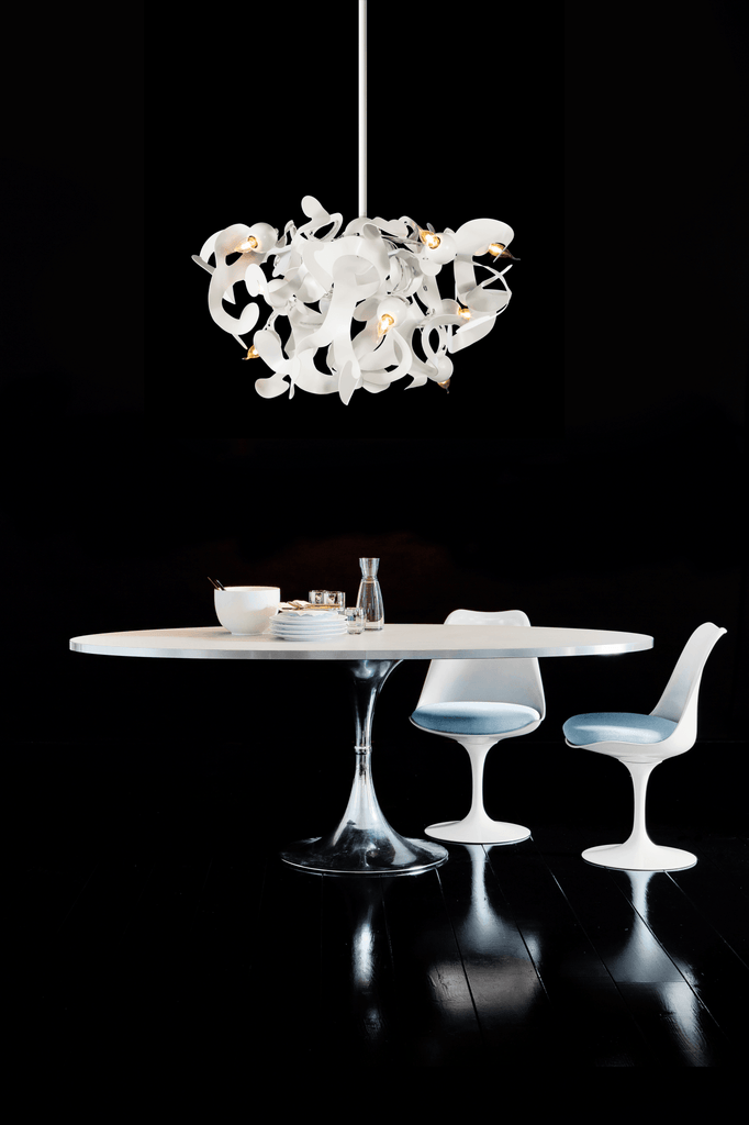 White Kelp Chandelier Round with sculptural organic swirling design for modern lighting