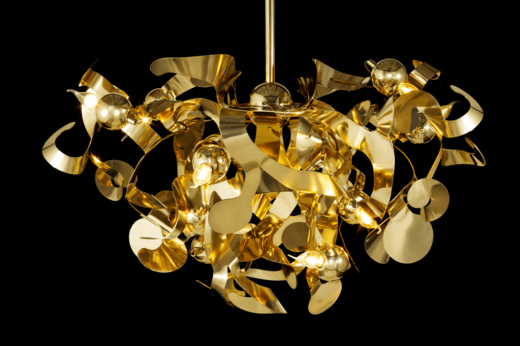 Gold-toned Kelp Chandelier Round with sculptural metallic elements for modern lighting