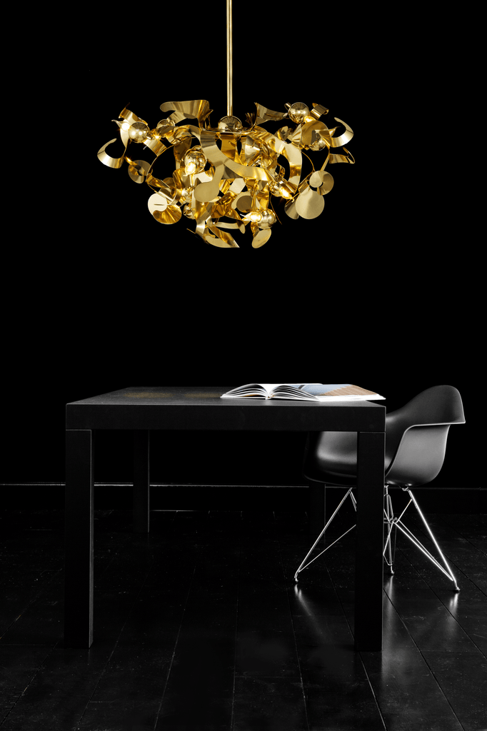 Golden ornate Kelp Chandelier Round with reflective abstract shapes for elegant lighting