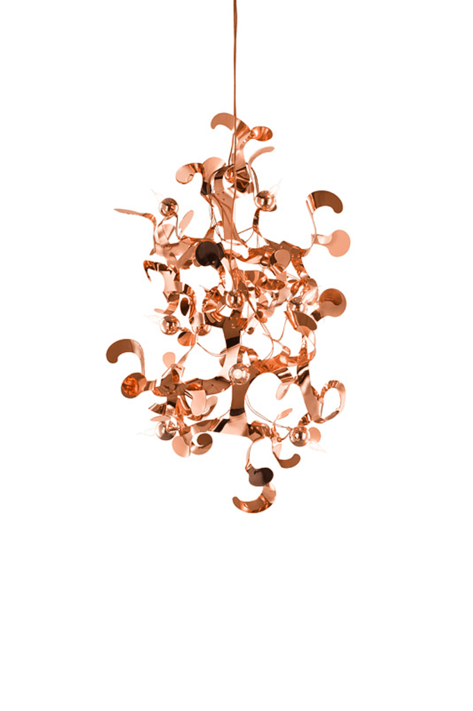 Kelp Element Hanging Lamp with rose gold metallic abstract sculptural chandelier