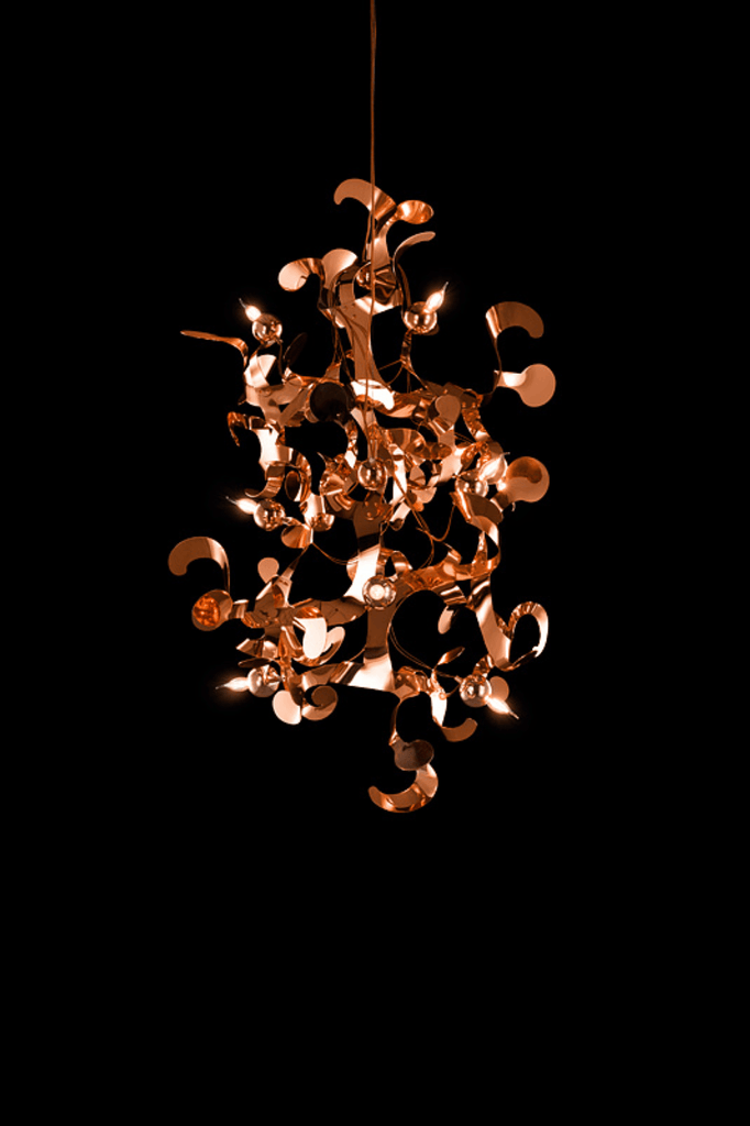 Copper-colored Kelp Element Hanging Lamp with abstract leaf-like and circular design