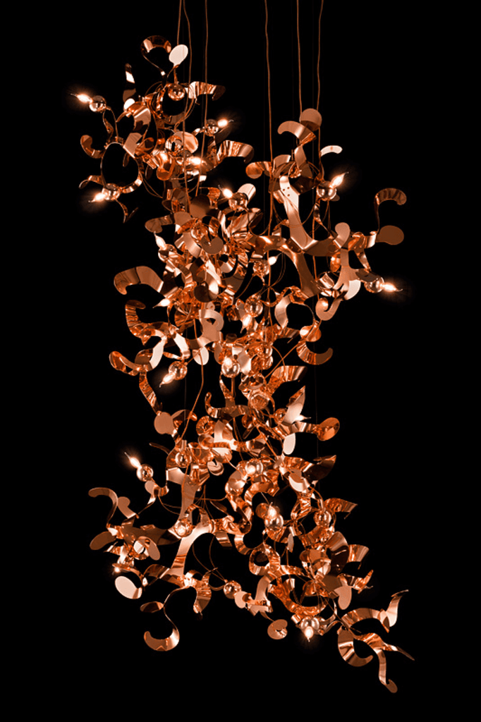 Kelp Element Hanging Lamp with copper-toned, leaf-like reflective elements and small lights