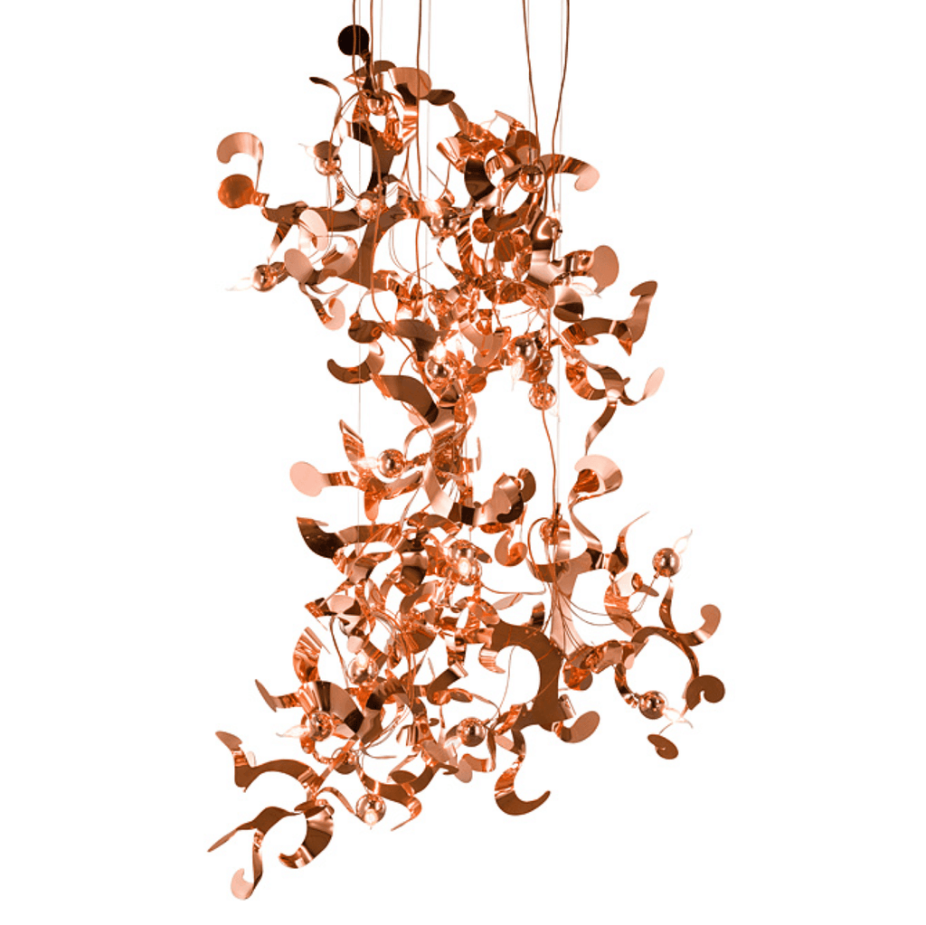 Kelp Element Hanging Lamp with modern copper-colored organic-shaped chandelier design