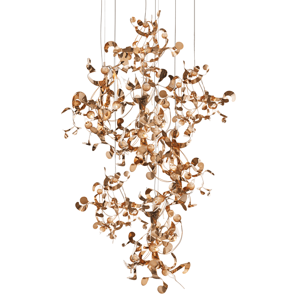 Kelp Element Hanging Lamp with modern multi-branched design and copper metallic discs