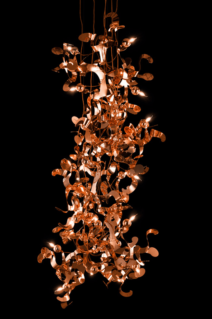 Kelp Element Hanging Lamp with modern copper-colored chandelier and reflective leaf shapes