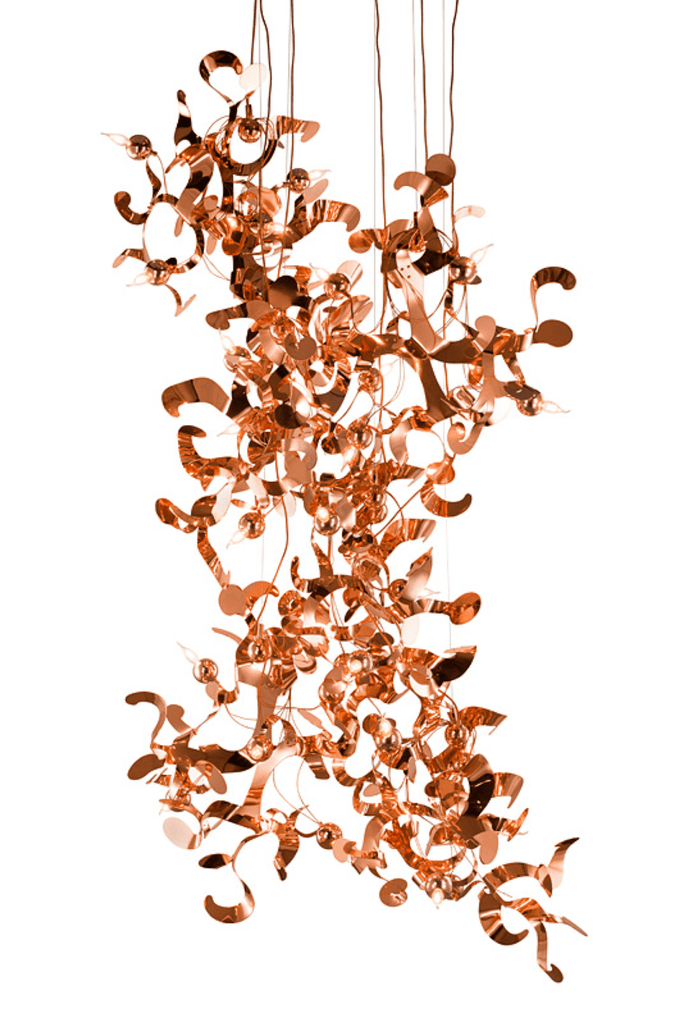 Copper-colored Kelp Element Hanging Lamp with curved metallic design for elegant decor