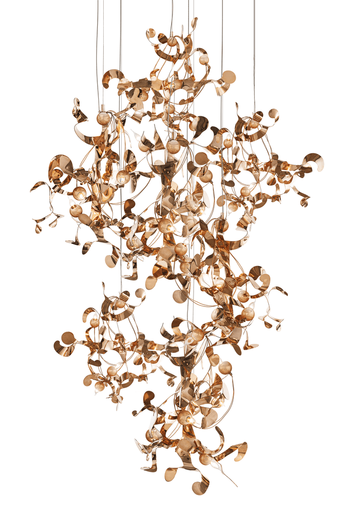 Kelp Element Hanging Lamp with ornate multi-tiered chandelier and golden leaf-like decorations