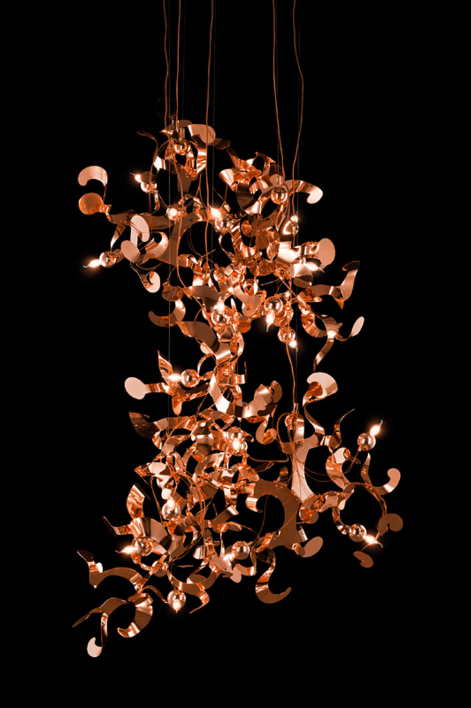 Copper-toned Kelp Element Hanging Lamp with abstract leaf-like metallic elements and lights