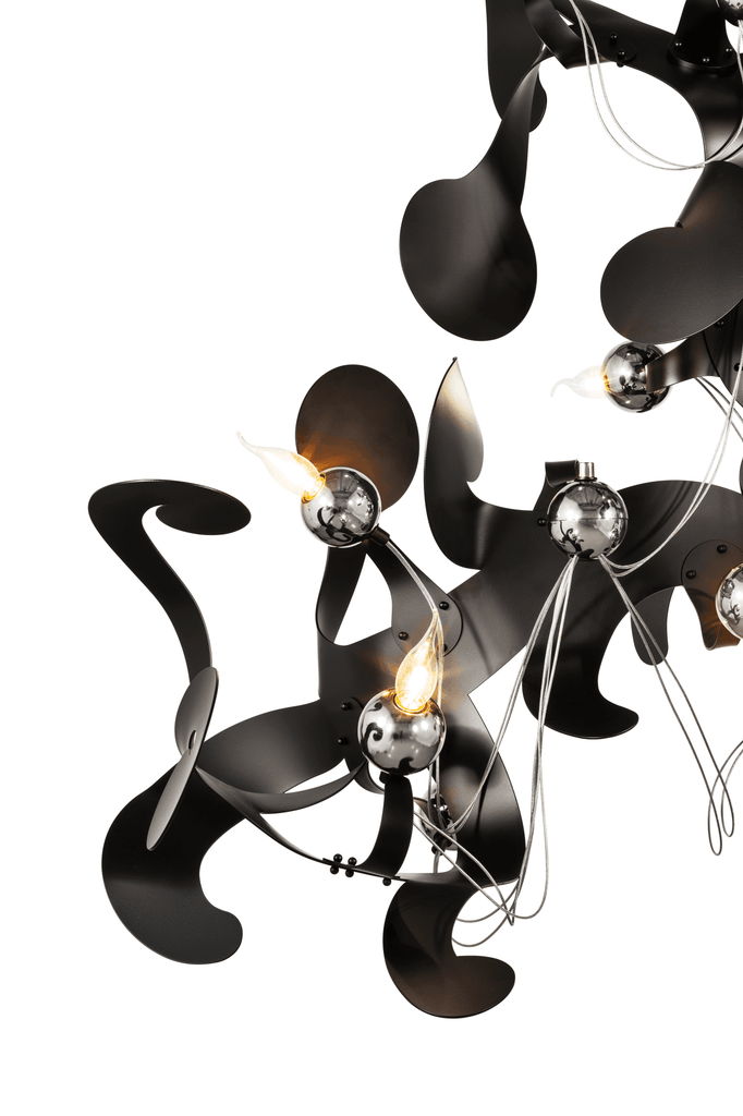 Kelp Element Hanging Lamp with dark metal finish and silver spheres for modern decor