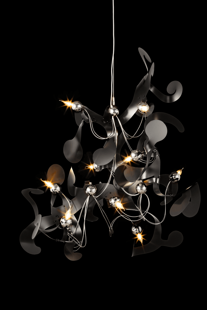 Kelp Element Hanging Lamp with abstract chandelier design, silver spheres, and metallic panels