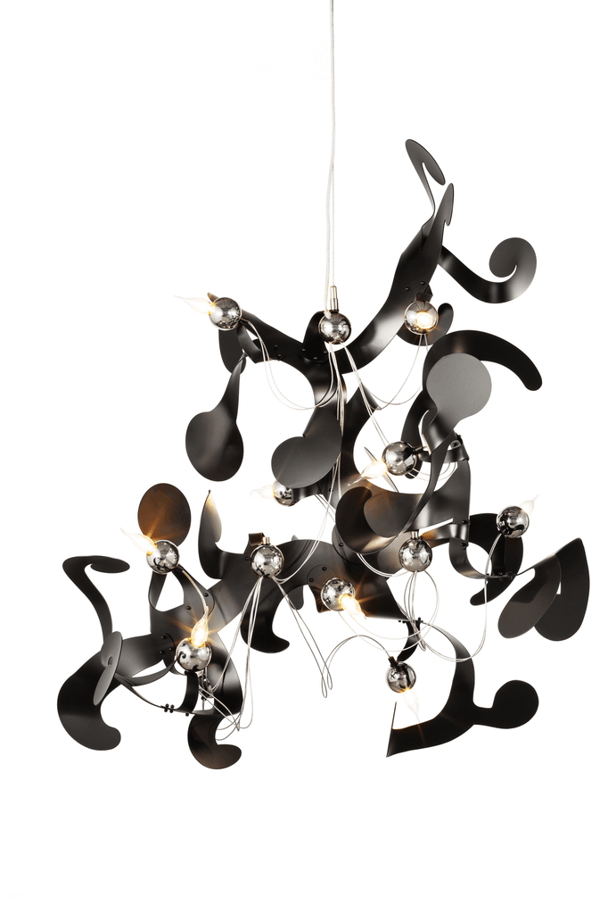 Kelp Element Hanging Lamp with modern abstract dark metal swirling shapes and spherical lights