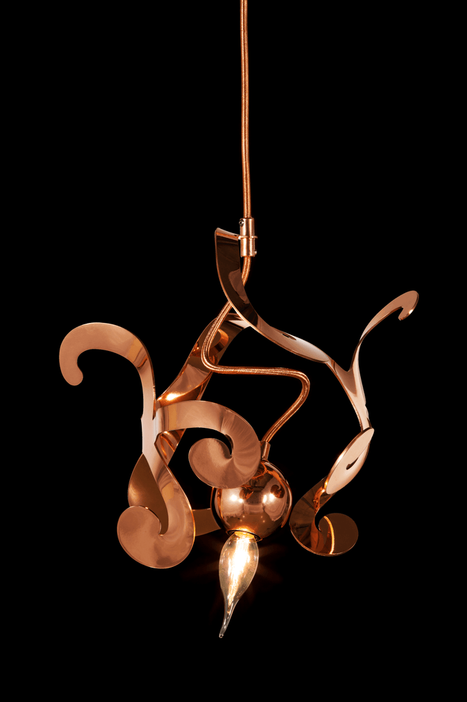 Kelp Element Hanging Lamp with decorative copper pendant and swirling metal ribbons
