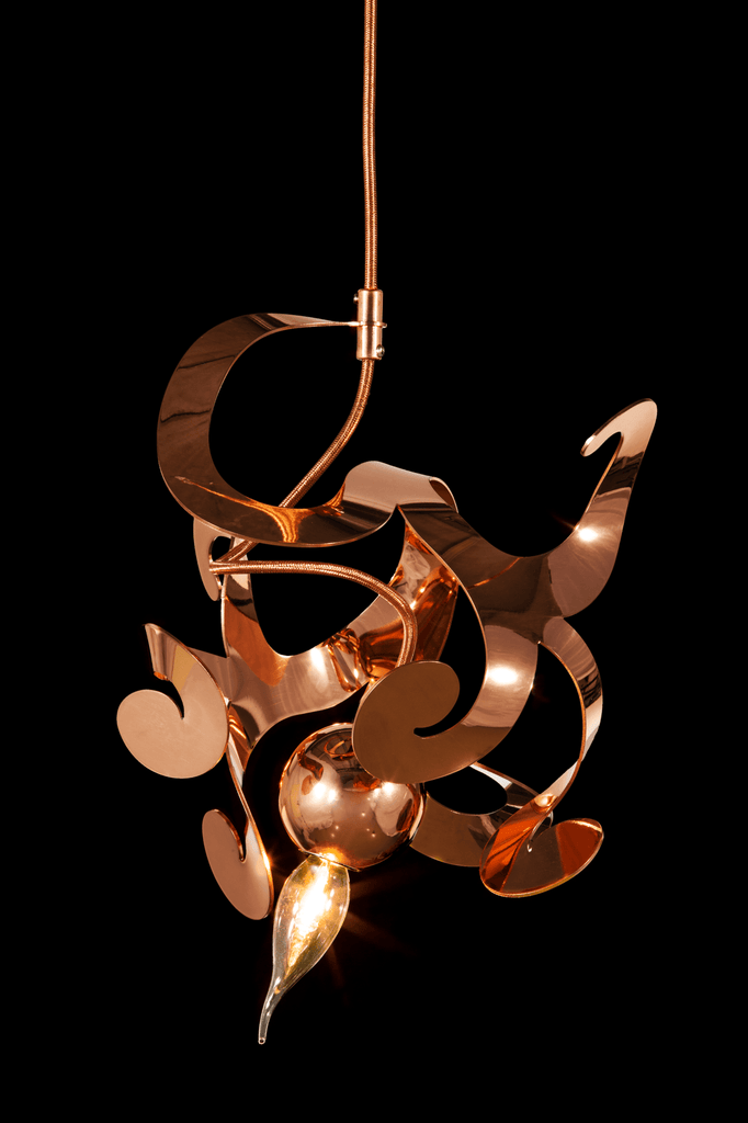 Copper-colored Kelp Element Hanging Lamp with abstract metal design and downward bulb