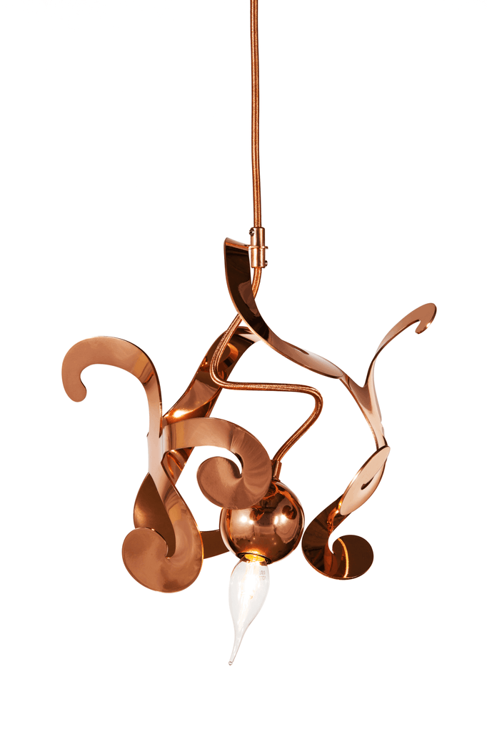 Kelp Element Hanging Lamp with copper pendant and abstract design featuring clear glass bulb