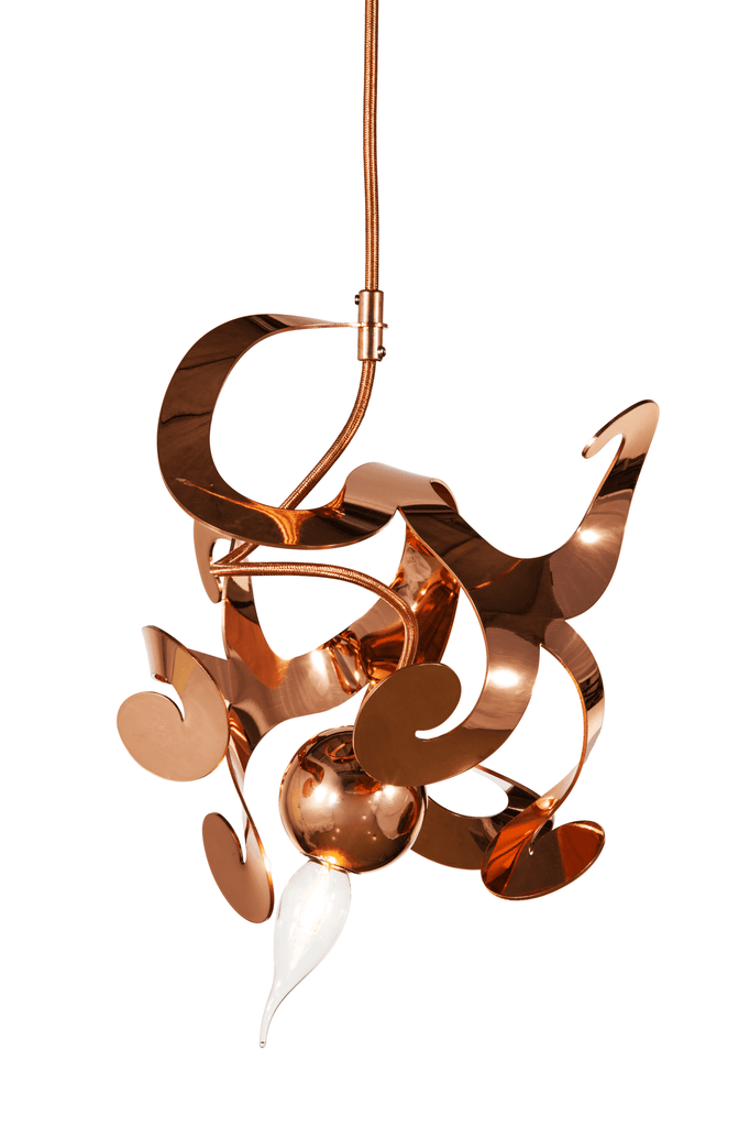 Copper-toned Kelp Element Hanging Lamp with abstract swirling shapes and clear glass fixture