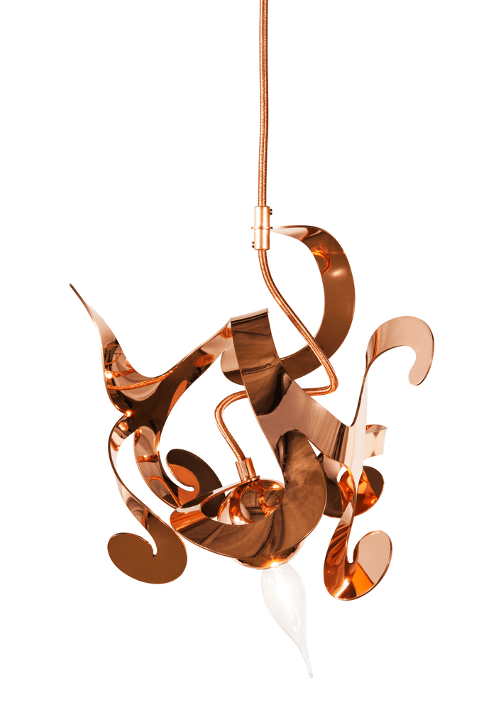 Kelp Element Hanging Lamp with copper-colored metal pendant and swirling abstract design