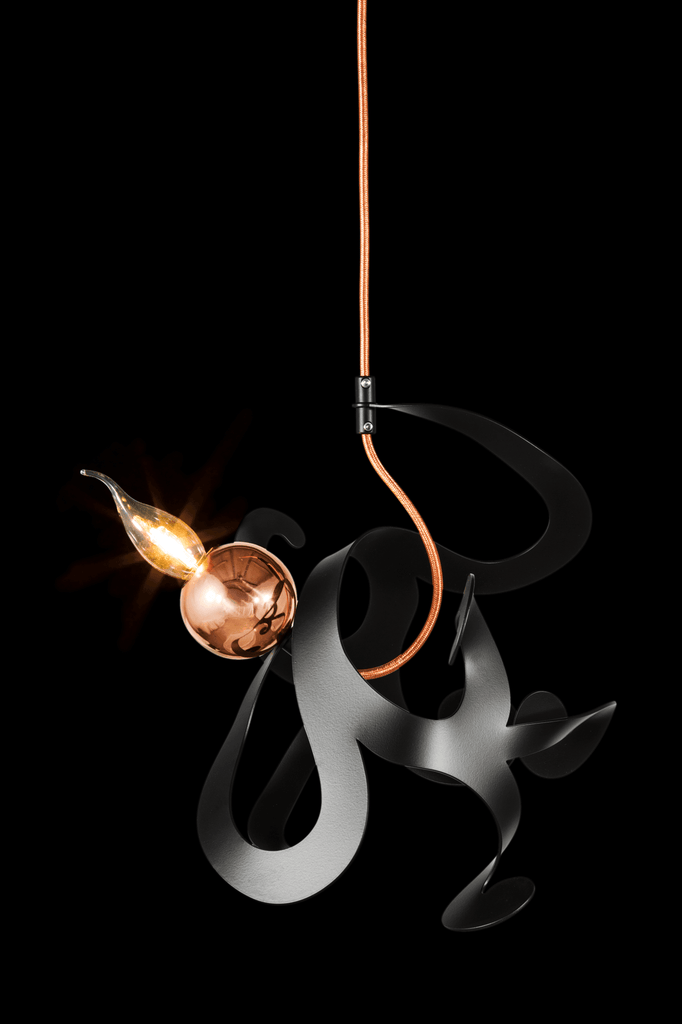 Kelp Element Hanging Lamp with spiraled black metal frame and copper sphere design