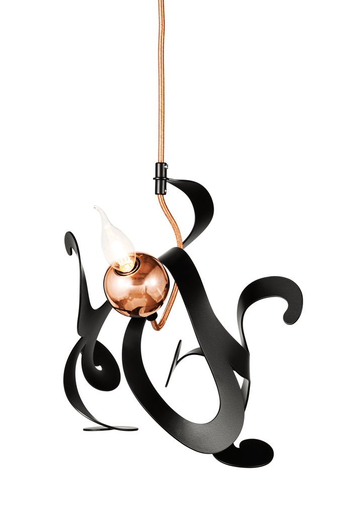 Kelp Element Hanging Lamp with black sculptural frame and copper spherical bulb holder